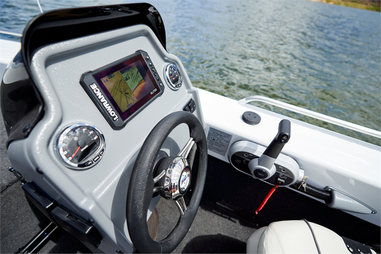steering weheel with a fishfinder at the top which is used during locating fishes
